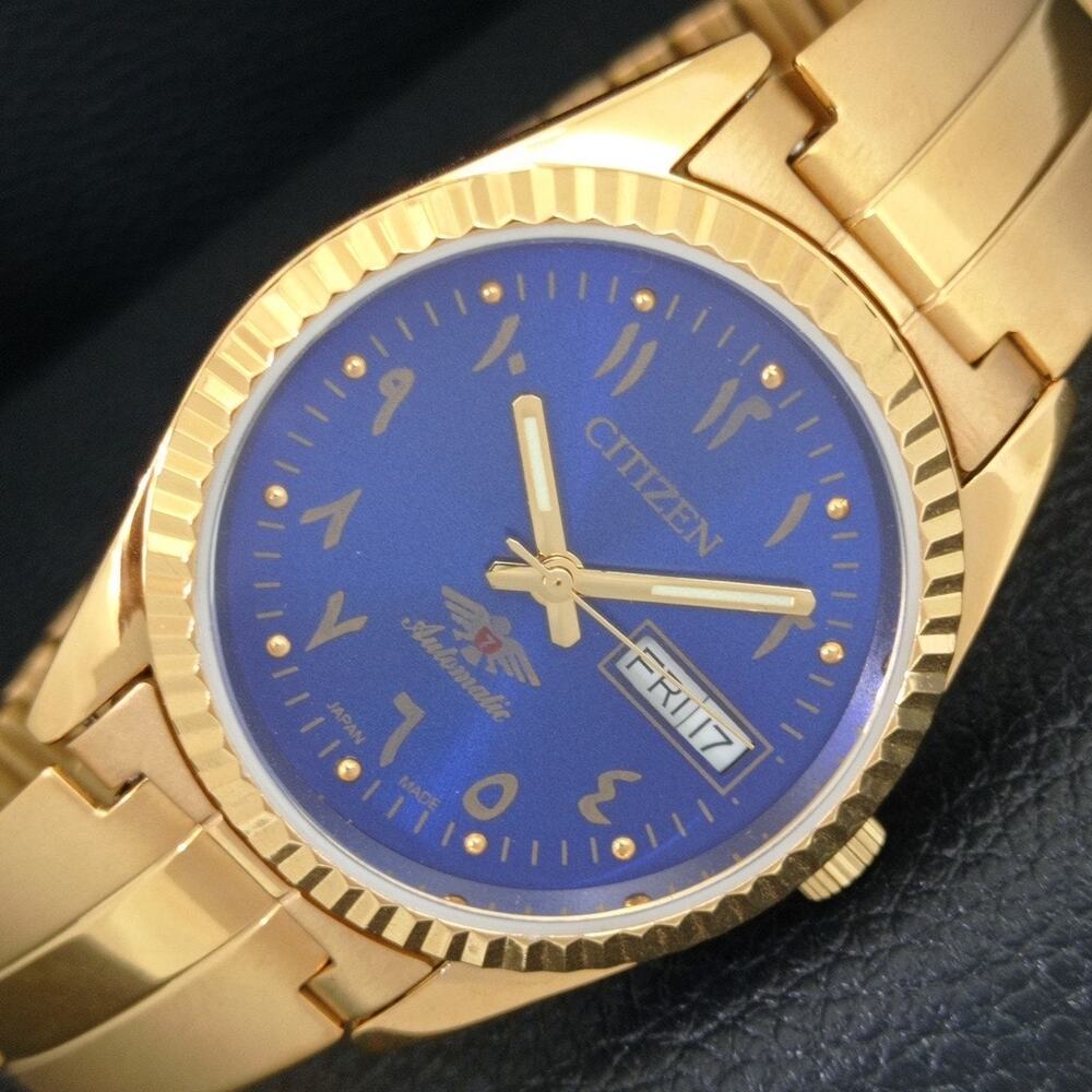 Vintage 1980 Citizen Automatic Mens Gold Watch W/daydate & Blue accents